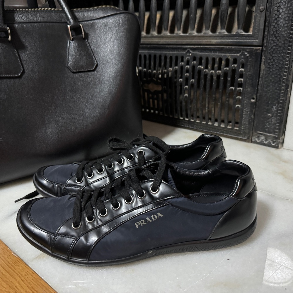 Prada navy / black leather and nylon sneakers US 10.5